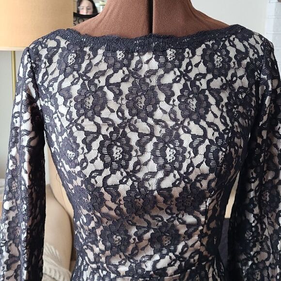 Black Lace Formal Gown Grad Bridesmaid Low Back with Train - Picture 8 of 15